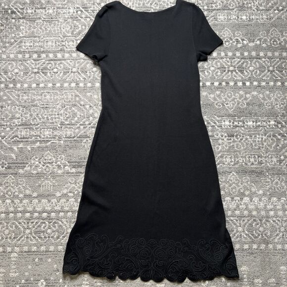 Talbots Black Midi Sweater Dress Medium Scalloped Cutwork Lace Short Sleeve - Picture 7 of 7